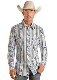 Rock and Roll Mens Indigo Aztec Stripe Snap Shirt - Cowboy SwaggerRock and Roll Mens Indigo Aztec Stripe Snap Shirt