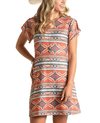 Rock and Roll Rock and Roll Womens Orange and Blue Aztec Print Dress