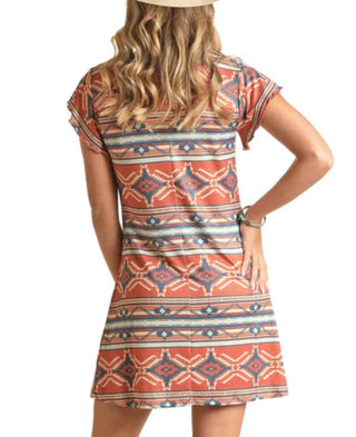 Rock and Roll Rock and Roll Womens Orange and Blue Aztec Print Dress