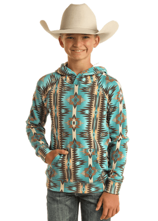 Rock and Roll Turquoise Brown Aztec Printed Hoodie - Cowboy SwaggerRock and Roll Turquoise Brown Aztec Printed Hoodie