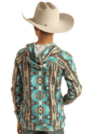 Rock and Roll Turquoise Brown Aztec Printed Hoodie - Cowboy SwaggerRock and Roll Turquoise Brown Aztec Printed Hoodie