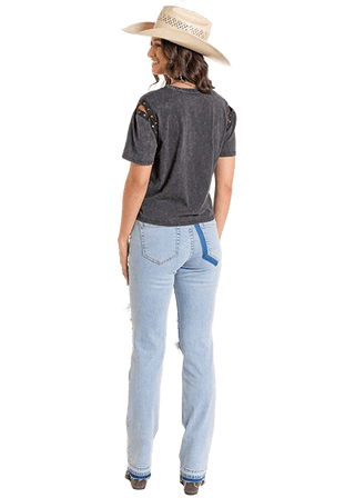 Rock and Roll Womens Grommet Sleeve Graphic Tee Black - Cowboy SwaggerRock and Roll Womens Grommet Sleeve Graphic Tee BlackShirts & Tops