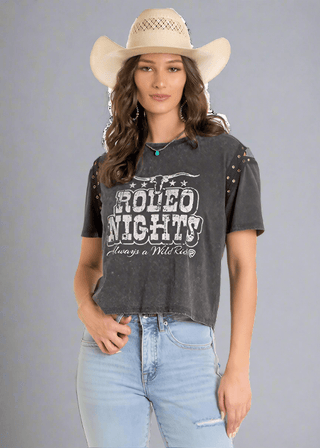 Rock and Roll Womens Grommet Sleeve Graphic Tee Black - Cowboy SwaggerRock and Roll Womens Grommet Sleeve Graphic Tee BlackShirts & Tops