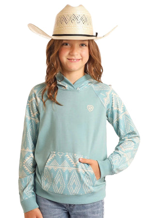 Rock and Roll Youth Girls Contrast Sleeves Hoodie Aqua Aztec - Cowboy SwaggerRock and Roll Youth Girls Contrast Sleeves Hoodie Aqua Aztec