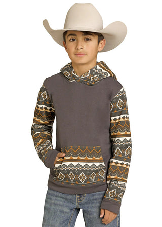 Rock & Roll Boys Brown and Grey Aztec Color Block Hoodie – Western Pullover Sweatshirt - Cowboy SwaggerRock & Roll Boys Brown and Grey Aztec Color Block Hoodie – Western Pullover Sweatshirt