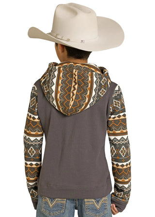 Rock & Roll Boys Brown and Grey Aztec Color Block Hoodie – Western Pullover Sweatshirt - Cowboy SwaggerRock & Roll Boys Brown and Grey Aztec Color Block Hoodie – Western Pullover Sweatshirt