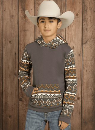 Rock & Roll Boys Brown and Grey Aztec Color Block Hoodie – Western Pullover Sweatshirt - Cowboy SwaggerRock & Roll Boys Brown and Grey Aztec Color Block Hoodie – Western Pullover Sweatshirt