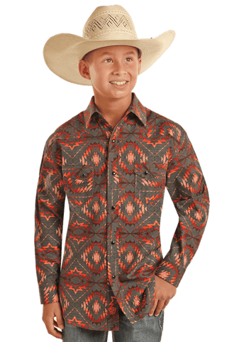 Rock & Roll Boy’s Long Sleeve Orange and Charcoal Aztec Print Snap Shirt - Cowboy SwaggerRock & Roll Boy’s Long Sleeve Orange and Charcoal Aztec Print Snap ShirtBoys