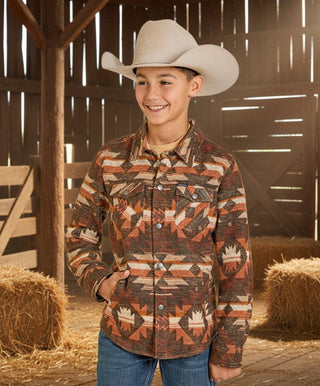 Rock & Roll Boys Western Aztec Jacquard Shacket – Dark Brown - Cowboy SwaggerRock & Roll Boys Western Aztec Jacquard Shacket – Dark Brown