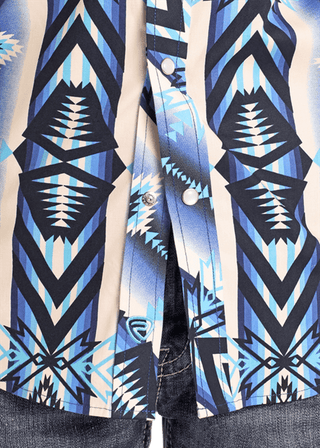 Rock & Roll Boy’s Woven Blue Aztec Print Long Sleeve Snap Shirt - Cowboy SwaggerRock & Roll Boy’s Woven Blue Aztec Print Long Sleeve Snap ShirtBoys