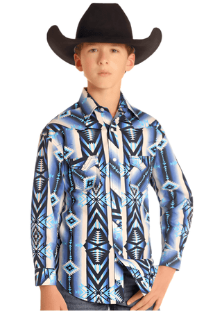 Rock & Roll Boy’s Woven Blue Aztec Print Long Sleeve Snap Shirt - Cowboy SwaggerRock & Roll Boy’s Woven Blue Aztec Print Long Sleeve Snap ShirtBoys