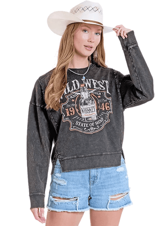 Rock & Roll Cowgirl Women’s Black Whiskey Graphic Pullover - Cowboy SwaggerRock & Roll Cowgirl Women’s Black Whiskey Graphic Pullover