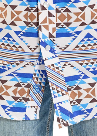 Rock & Roll Denim Boys Aztec Western Snap Shirt – Blue & Brown Long Sleeve - Cowboy SwaggerRock & Roll Denim Boys Aztec Western Snap Shirt – Blue & Brown Long SleeveShirts & Tops