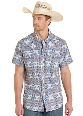 Rock & Roll Denim Men’s Natural Aztec TEK Short Sleeve Western Snap Shirt - Cowboy SwaggerRock & Roll Denim Men’s Natural Aztec TEK Short Sleeve Western Snap Shirt