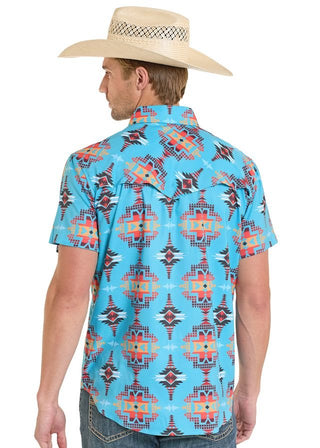 Rock & Roll Denim Men’s Turquoise Aztec TEK Short Sleeve Western Snap Shirt - Cowboy SwaggerRock & Roll Denim Men’s Turquoise Aztec TEK Short Sleeve Western Snap Shirt