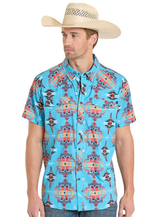 Rock & Roll Denim Men’s Turquoise Aztec TEK Short Sleeve Western Snap Shirt - Cowboy SwaggerRock & Roll Denim Men’s Turquoise Aztec TEK Short Sleeve Western Snap Shirt