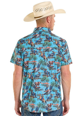 Rock & Roll Denim Men’s Turquoise Hang Ten Cow TEK Short Sleeve Western Snap Shirt - Cowboy SwaggerRock & Roll Denim Men’s Turquoise Hang Ten Cow TEK Short Sleeve Western Snap Shirt
