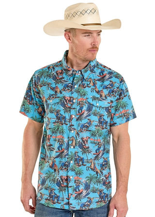 Rock & Roll Denim Men’s Turquoise Hang Ten Cow TEK Short Sleeve Western Snap Shirt - Cowboy SwaggerRock & Roll Denim Men’s Turquoise Hang Ten Cow TEK Short Sleeve Western Snap Shirt
