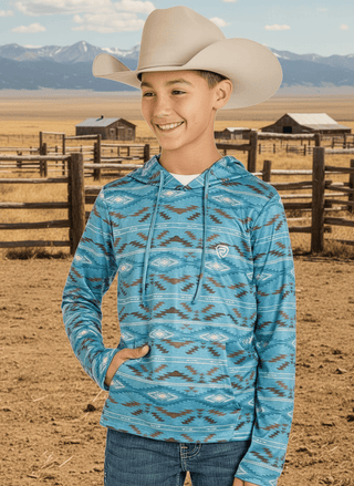 Rock & Roll Denim Youth Boys Aztec Mesh Hoodie – Turquoise Pullover with TEK Quick - Dry Fabric - Cowboy SwaggerRock & Roll Denim Youth Boys Aztec Mesh Hoodie – Turquoise Pullover with TEK Quick - Dry Fabric