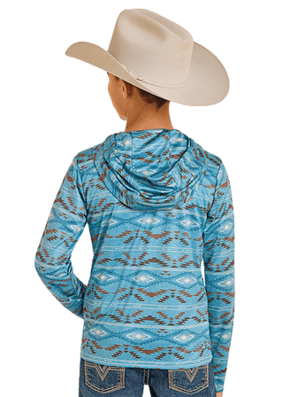 Rock & Roll Denim Youth Boys Aztec Mesh Hoodie – Turquoise Pullover with TEK Quick - Dry Fabric - Cowboy SwaggerRock & Roll Denim Youth Boys Aztec Mesh Hoodie – Turquoise Pullover with TEK Quick - Dry Fabric