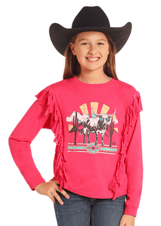 Rock & Roll Girl's Graphic Pullover & Fringe Hot Pink - Cowboy SwaggerRock & Roll Girl's Graphic Pullover & Fringe Hot PinkGirls