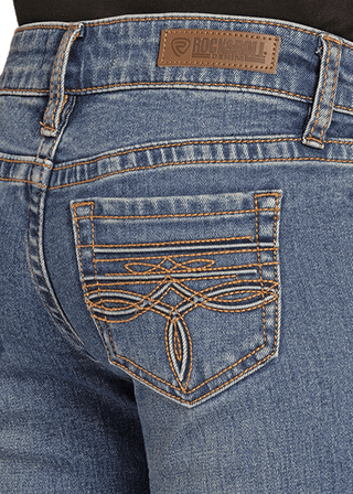 Rock & Roll Girls Raised Denim Trouser Jeans – Embossed Western Design with Wide Leg Boot Fit - Cowboy SwaggerRock & Roll Girls Raised Denim Trouser Jeans – Embossed Western Design with Wide Leg Boot Fit