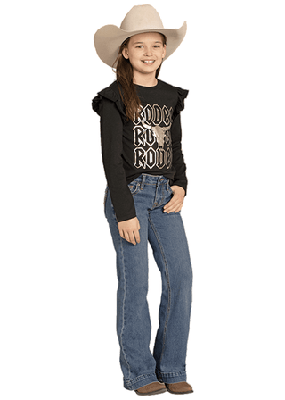 Rock & Roll Girls Raised Denim Trouser Jeans – Embossed Western Design with Wide Leg Boot Fit - Cowboy SwaggerRock & Roll Girls Raised Denim Trouser Jeans – Embossed Western Design with Wide Leg Boot Fit