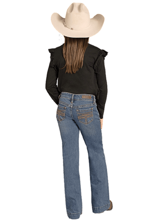 Rock & Roll Girls Raised Denim Trouser Jeans – Embossed Western Design with Wide Leg Boot Fit - Cowboy SwaggerRock & Roll Girls Raised Denim Trouser Jeans – Embossed Western Design with Wide Leg Boot Fit
