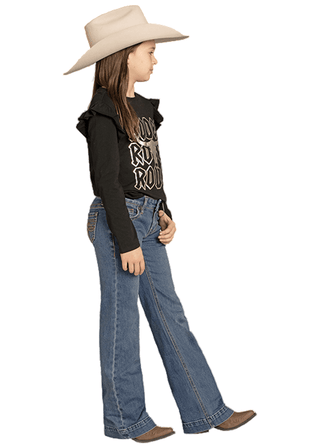 Rock & Roll Girls Raised Denim Trouser Jeans – Embossed Western Design with Wide Leg Boot Fit - Cowboy SwaggerRock & Roll Girls Raised Denim Trouser Jeans – Embossed Western Design with Wide Leg Boot Fit