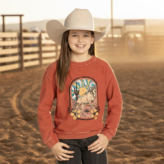 Rock & Roll Girls Western Horse Graphic Ribbed Pullover – Mahogany Red - Cowboy SwaggerRock & Roll Girls Western Horse Graphic Ribbed Pullover – Mahogany Red