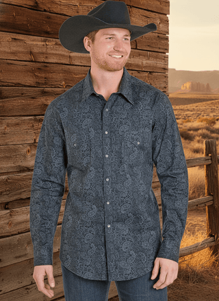 Rock & Roll Men’s Black and Grey Paisley Snap Shirt – Long Sleeve Western Dress Shirt - Cowboy SwaggerRock & Roll Men’s Black and Grey Paisley Snap Shirt – Long Sleeve Western Dress Shirt