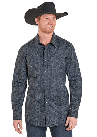 Rock & Roll Men’s Black and Grey Paisley Snap Shirt – Long Sleeve Western Dress Shirt - Cowboy SwaggerRock & Roll Men’s Black and Grey Paisley Snap Shirt – Long Sleeve Western Dress Shirt