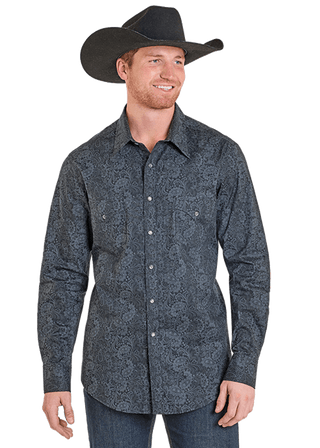 Rock & Roll Men’s Black and Grey Paisley Snap Shirt – Long Sleeve Western Dress Shirt - Cowboy SwaggerRock & Roll Men’s Black and Grey Paisley Snap Shirt – Long Sleeve Western Dress Shirt