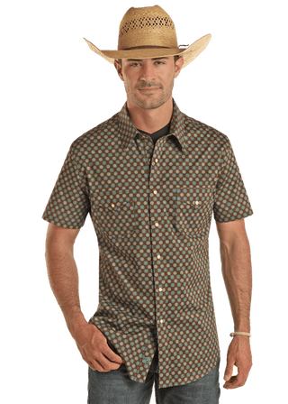 Rock & Roll Men’s Dark Brown and Turquoise Short Sleeve Geo Snap Shirt - Cowboy SwaggerRock & Roll Men’s Dark Brown and Turquoise Short Sleeve Geo Snap ShirtMen's Shirts