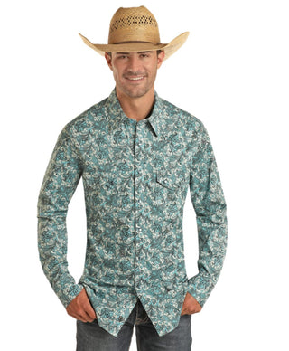 Rock & Roll Men’s Long Sleeve Two Pocket Modern Fit Turquoise Paisley Snap Shirt - Cowboy SwaggerRock & Roll Men’s Long Sleeve Two Pocket Modern Fit Turquoise Paisley Snap ShirtMen's Shirts