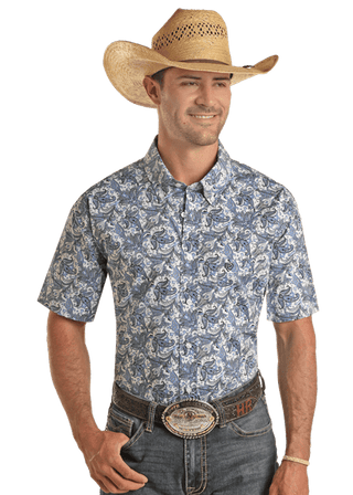 Rock & Roll Men's Short Sleeve 1 Pocket Blue Paisley Button Down - Cowboy SwaggerRock & Roll Men's Short Sleeve 1 Pocket Blue Paisley Button DownMen's Shirts