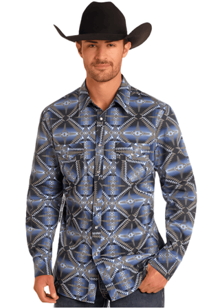 Rock & Roll Men's Woven Blue Print Snap - Cowboy SwaggerRock & Roll Men's Woven Blue Print SnapMen's Shirts