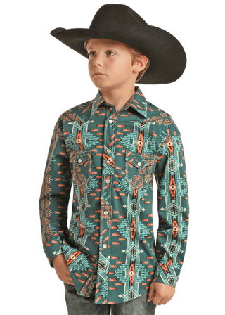 Rock & Roll Boys Rock and Roll Boys Long Sleeve Turquoise and Peach 2 Pocket Snap Shirt