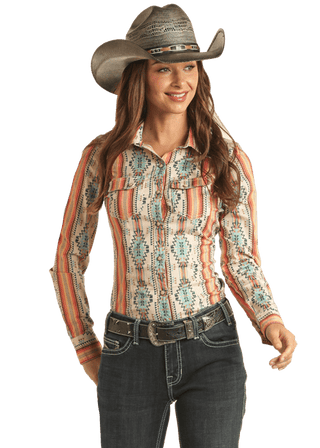 Rock & Roll Shirts & Tops Rock and Roll Women's Aztec LS Snap Shirt Orange and Turquoise