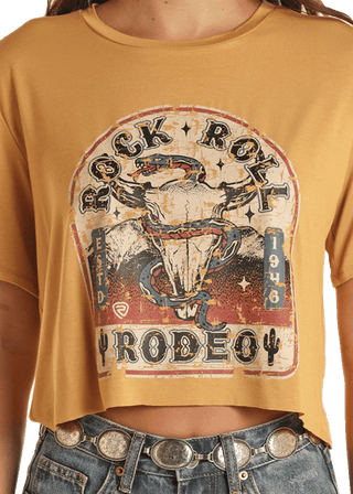 Rock & Roll Shirts & Tops Rock and Roll Women's Mustard Cropped Graphic Rodeo Tee