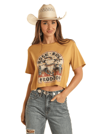 Rock & Roll Shirts & Tops Rock and Roll Women's Mustard Cropped Graphic Rodeo Tee