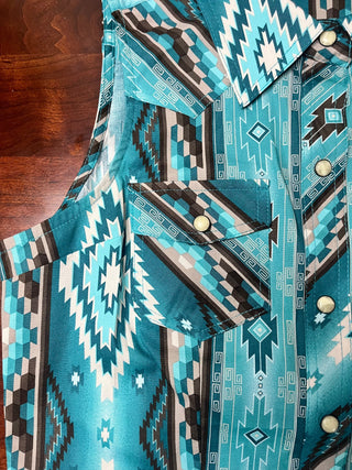 Rock & Roll Shirts & Tops Rock & Roll Women's Aztec Print Sleeveless Snap Turquoise