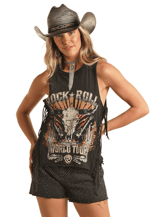 Rock & Roll Shirts & Tops Rock & Roll Women's Black Graphic Fringe Tank