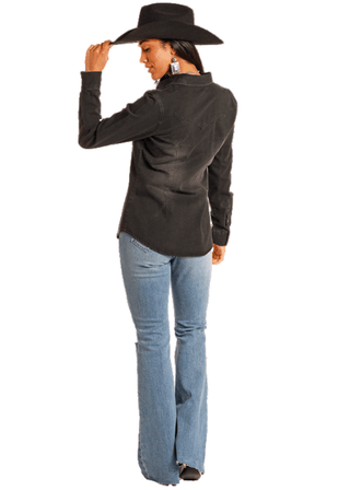 Rock & Roll Women’s Black Denim Shirt – Western Snap Front Long Sleeve Top - Cowboy SwaggerRock & Roll Women’s Black Denim Shirt – Western Snap Front Long Sleeve Top