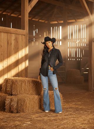 Rock & Roll Women’s Black Denim Shirt – Western Snap Front Long Sleeve Top - Cowboy SwaggerRock & Roll Women’s Black Denim Shirt – Western Snap Front Long Sleeve Top