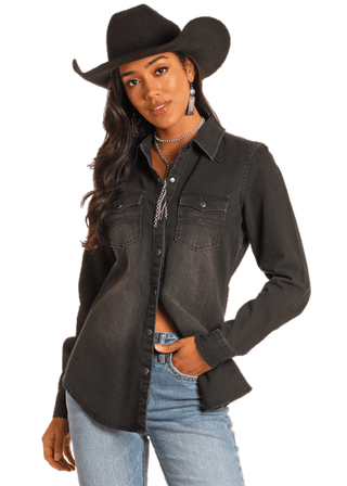 Rock & Roll Women’s Black Denim Shirt – Western Snap Front Long Sleeve Top - Cowboy SwaggerRock & Roll Women’s Black Denim Shirt – Western Snap Front Long Sleeve Top