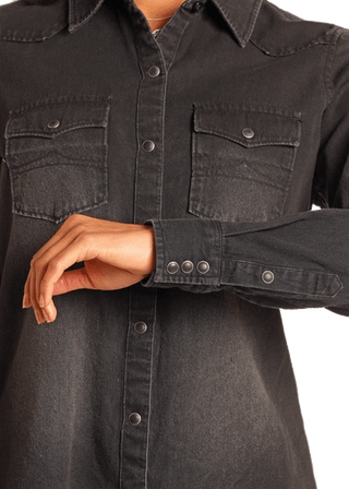 Rock & Roll Women’s Black Denim Shirt – Western Snap Front Long Sleeve Top - Cowboy SwaggerRock & Roll Women’s Black Denim Shirt – Western Snap Front Long Sleeve Top
