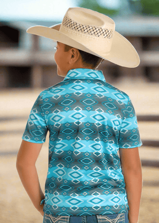 Rock&Roll Boys Aztec Printed Polo Turquoise and Black - Cowboy SwaggerRock&Roll Boys Aztec Printed Polo Turquoise and Black