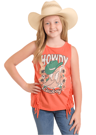 Rock&Roll Girls Howdy Graphic Tank with Fringe Coral - Cowboy SwaggerRock&Roll Girls Howdy Graphic Tank with Fringe Coral