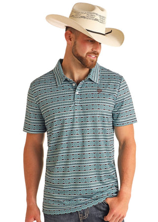Rock&Roll Men’s Aztec Printed Polo Teal - Cowboy SwaggerRock&Roll Men’s Aztec Printed Polo Teal
